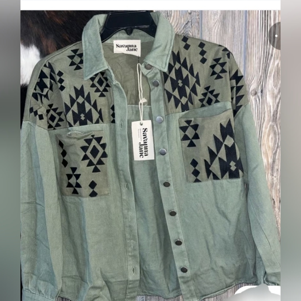 Savanna Jane Olive Shacket with Black Aztec Design